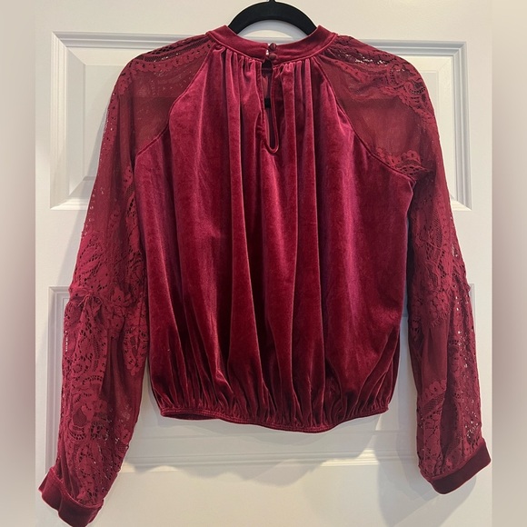 FREE PEOPLE Red/Raspberry Lace Balloon Sleeve Velvet Top Size XS EUC - Picture 3 of 6